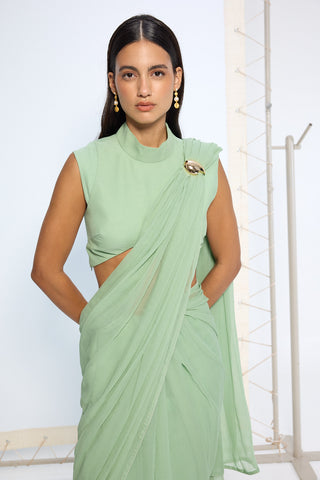 Pale green brooch sari and blouse