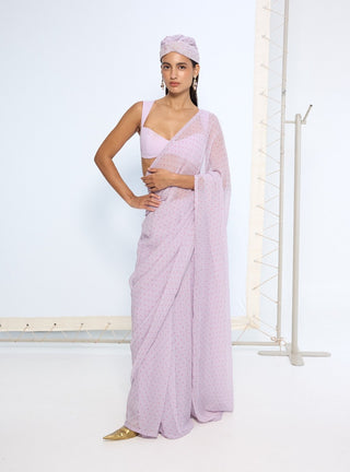 Lavender polka dotted sari and blouse