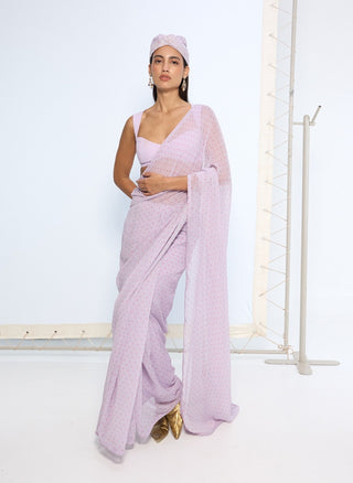 Lavender polka dotted sari and blouse