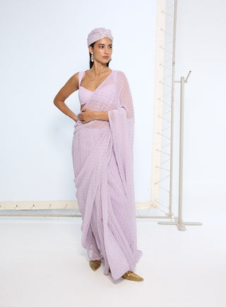 Lavender polka dotted sari and blouse