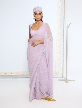 Lavender polka dotted sari and blouse