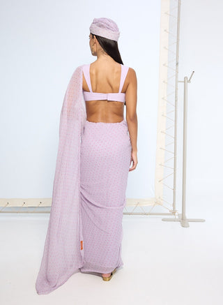 Lavender polka dotted sari and blouse