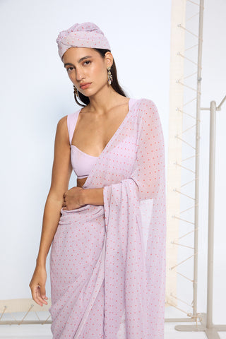 Lavender polka dotted sari and blouse