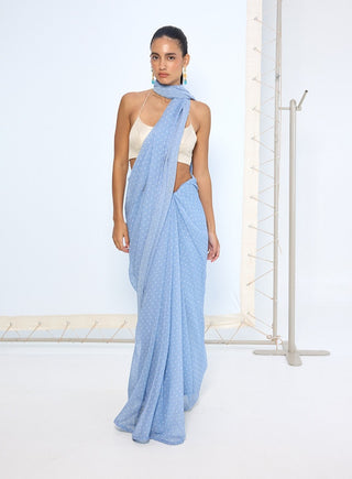 Blue dotted chiffon sari