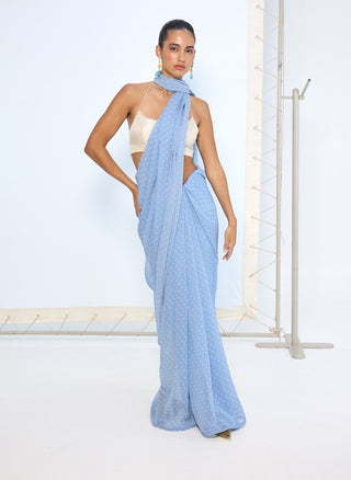 Blue dotted chiffon sari