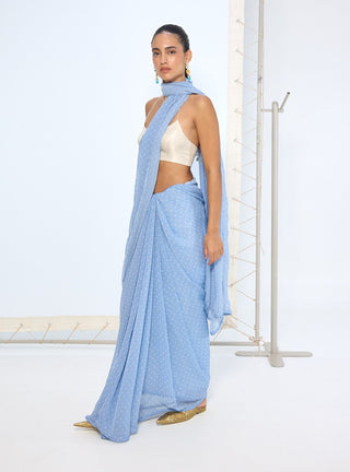 Blue dotted chiffon sari