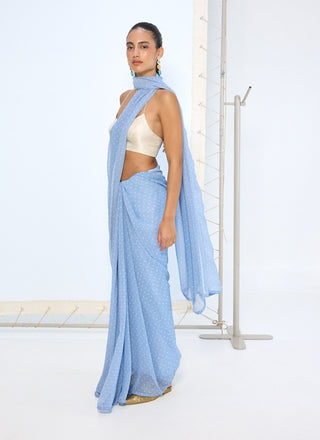 Blue dotted chiffon sari