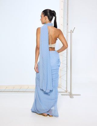 Blue dotted chiffon sari