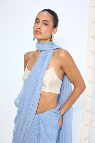 Blue dotted chiffon sari