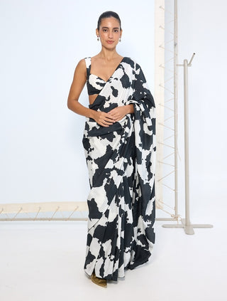 Black white cow printed sari