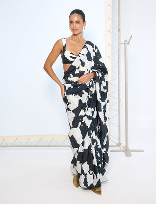 Black white cow printed sari