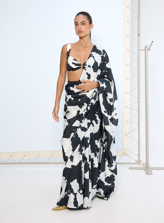 Black white cow printed sari