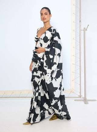 Black white cow printed sari