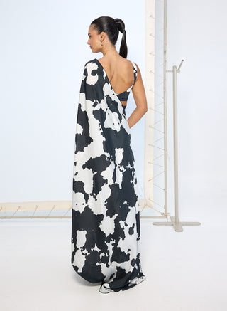 Black white cow printed sari