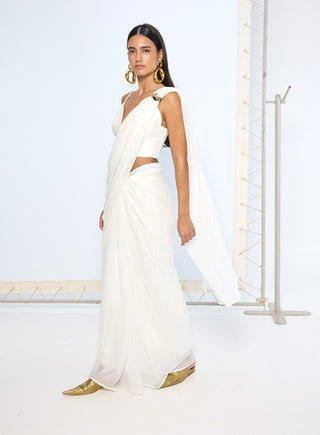 Ivory plain chiffon sari