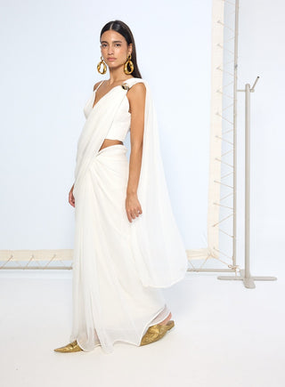 Ivory plain chiffon sari