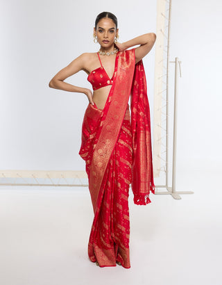 Crimson dreams red satin silk banarasi sari