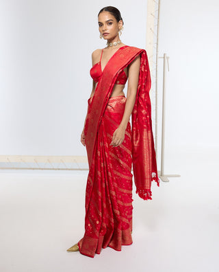 Crimson dreams red satin silk banarasi sari
