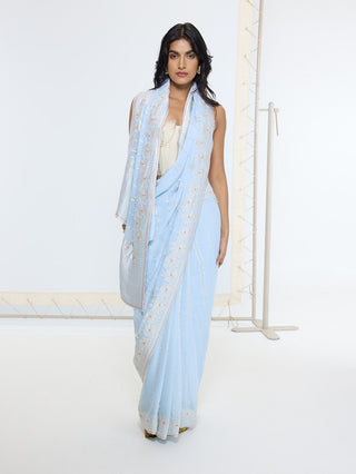 Ice blue silk georgette sari