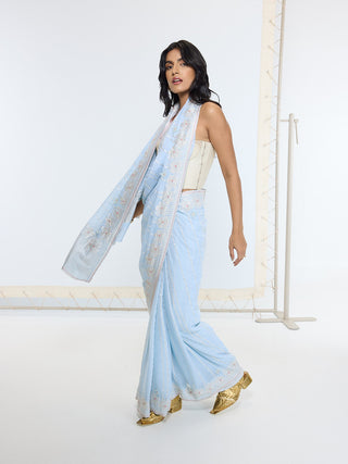 Ice blue silk georgette sari