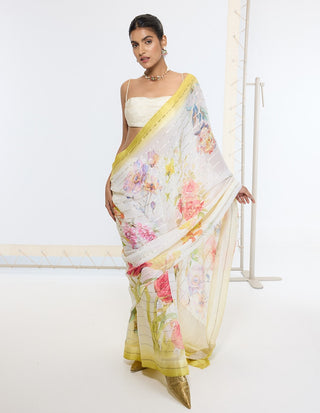 Off-white handwoven printed sari