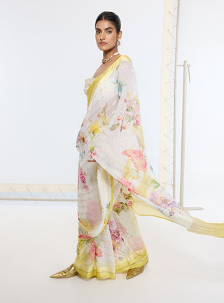 Off-white handwoven printed sari