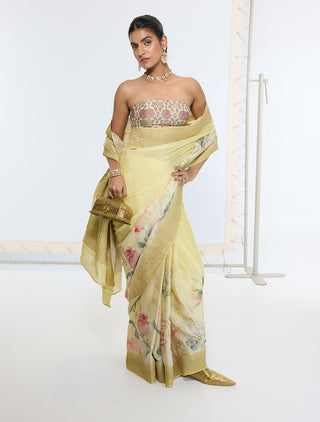 Gold pastel yellow printed sari