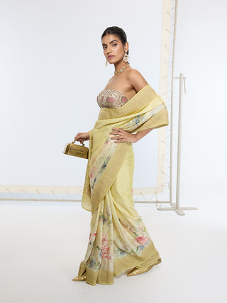 Gold pastel yellow printed sari
