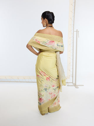 Gold pastel yellow printed sari