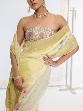 Gold pastel yellow printed sari