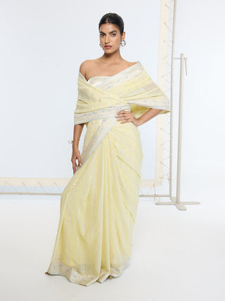 Lemon yellow silk georgette sari