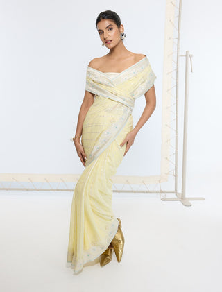 Lemon yellow silk georgette sari