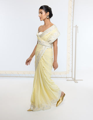 Lemon yellow silk georgette sari