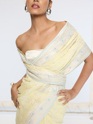 Lemon yellow silk georgette sari