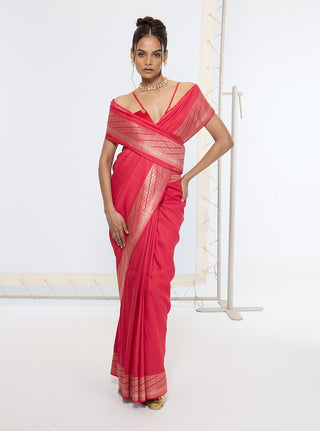 French rose red banarasi sari