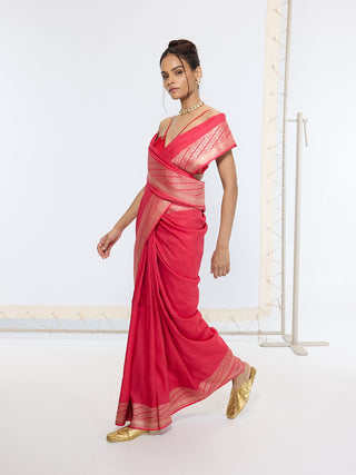 French rose red banarasi sari