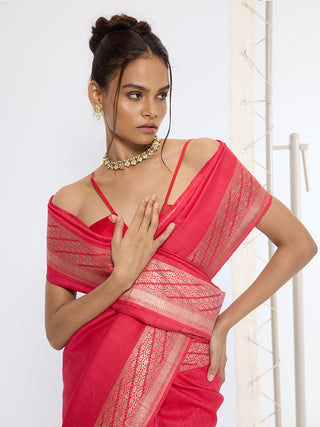 French rose red banarasi sari