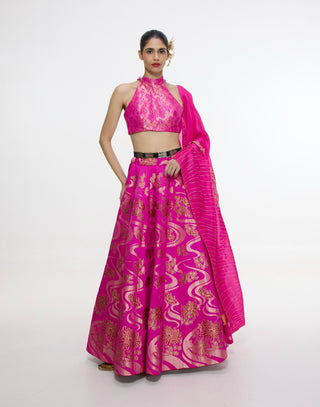 Handwoven fuchsia cutwork lehenga set