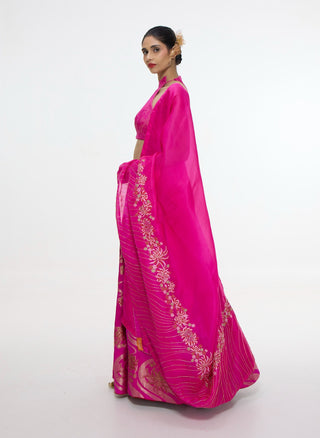 Handwoven fuchsia cutwork lehenga set