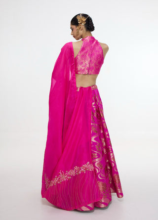 Handwoven fuchsia cutwork lehenga set