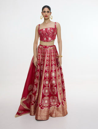 Handwoven ruby red lehenga set