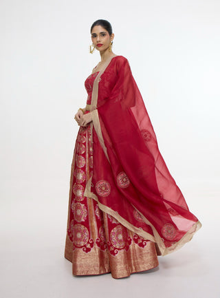 Handwoven ruby red lehenga set