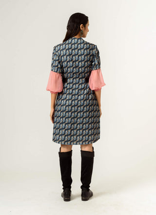 Siddhant Aggarwal-Navy Blue Balloon Sleeves Fitted Dress-INDIASPOPUP.COM