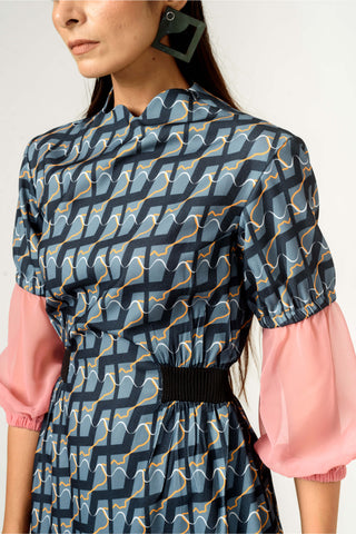 Siddhant Aggarwal-Navy Blue Balloon Sleeves Fitted Dress-INDIASPOPUP.COM