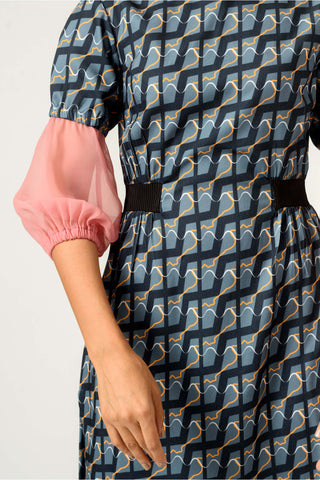 Siddhant Aggarwal-Navy Blue Balloon Sleeves Fitted Dress-INDIASPOPUP.COM