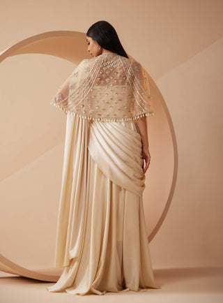 Roqa-Estella Off-White Drape Sari And Cape-INDIASPOPUP.COM