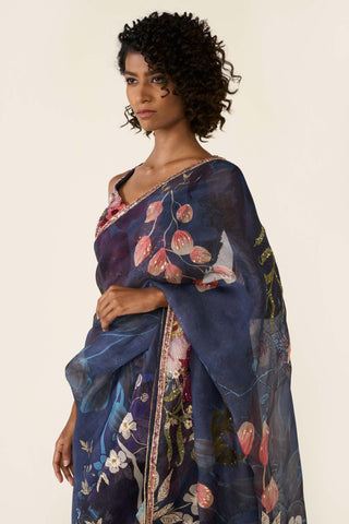 Blue Printed Classic Sari Set by Varun Bahl available on Indiaspopup.com