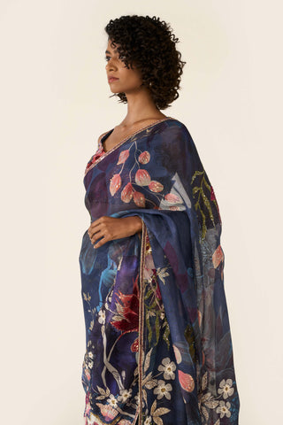 Blue Printed Classic Sari Set by Varun Bahl available on Indiaspopup.com