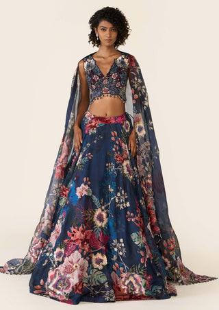 Blue Printed And Embroidered Lehenga Set by Varun Bahl available on Indiaspopup.com
