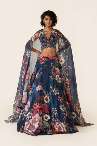 Blue Printed And Embroidered Lehenga Set by Varun Bahl available on Indiaspopup.com